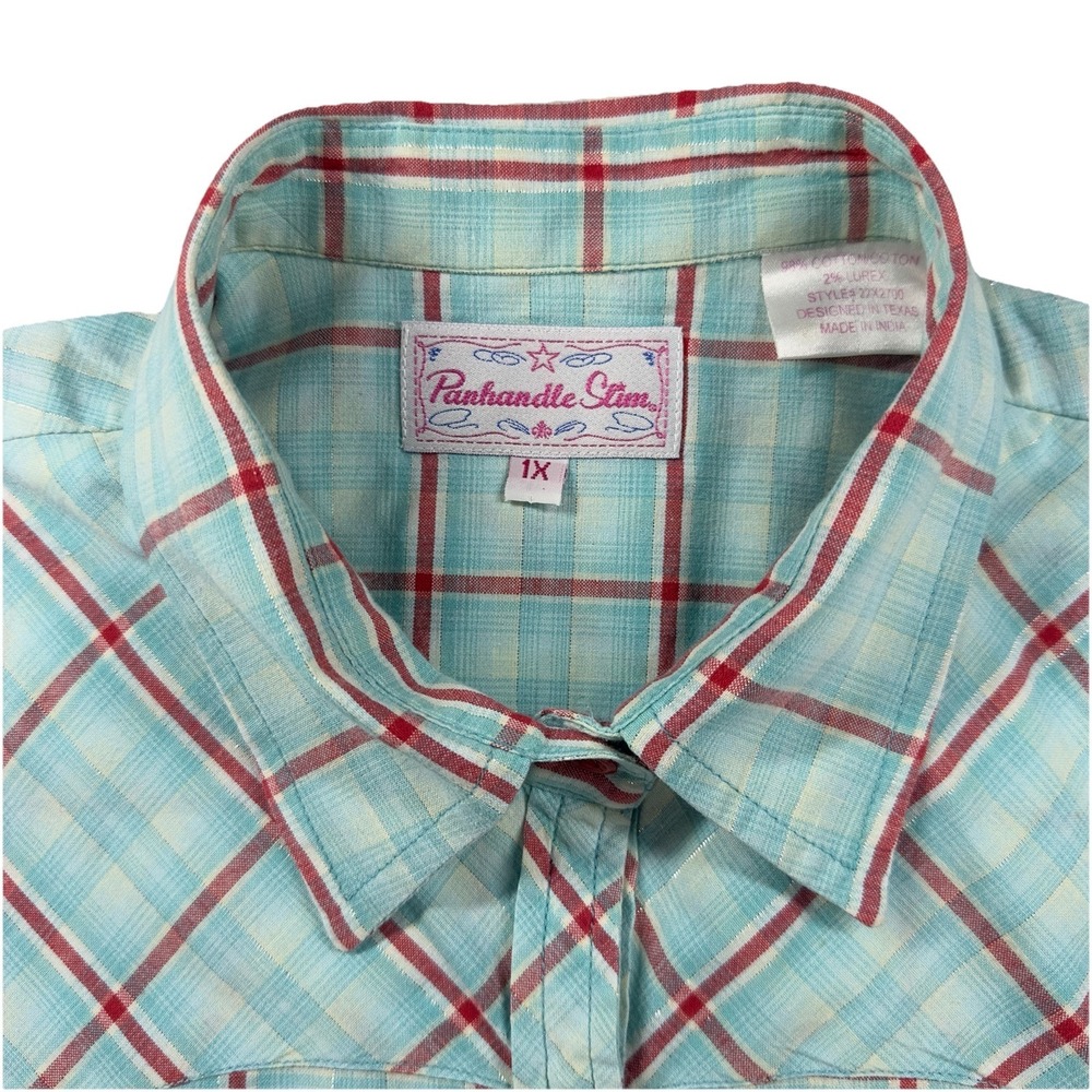 Panhandle Slim Western Shirt Women 1X Blue Plaid Lurex Rhinestone Embroidery - Picture 2 of 10